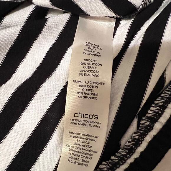 Chico's top black white striped crochet neckline short sleeve knit NEW Sz 1 US M - Picture 6 of 6